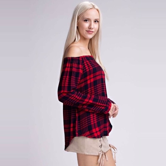 Off Shoulder Button Front Red Navy Plaid Blouse - Picture 3 of 5